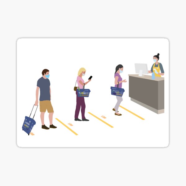 Keep a distance of 1,5 meters shopping , people with mask and shopping cart , coronavirus protection Sticker