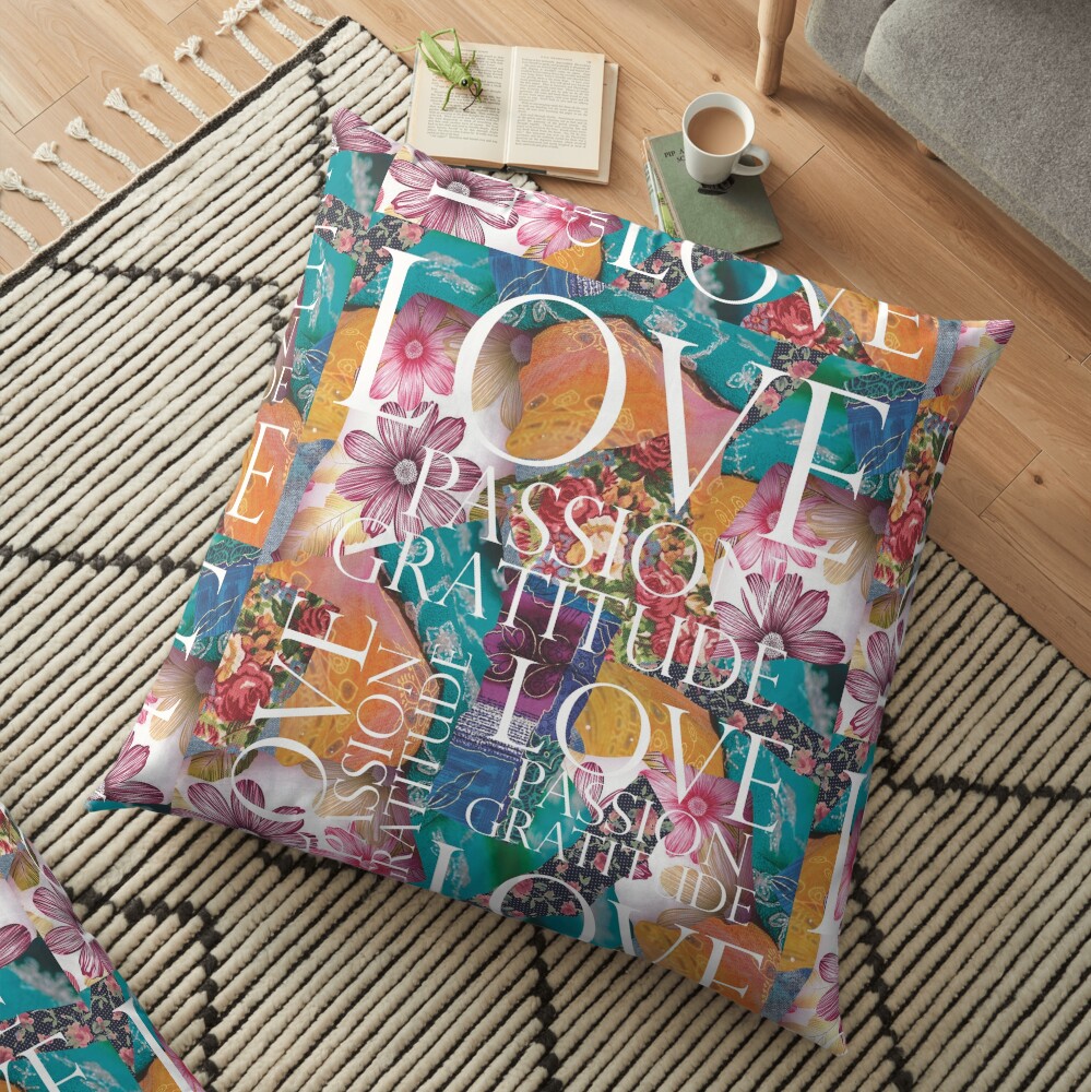 Love, Passion Gratitude Patchwork Floor Pillow