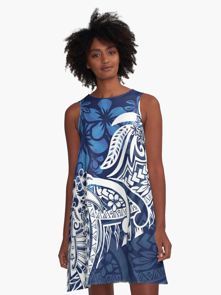 Blue Hawaiian Samoan Polynesian Tribal Tiare Dress Print A Line Dress