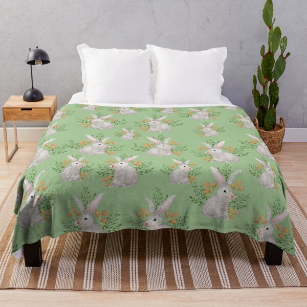 Bunny Rabbits In The Wild Pattern With A Green Background Throw Blanket