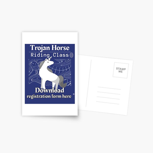 Trojan Horse Riding Class - Download form here - Funny Computer Hacker Design Postcard