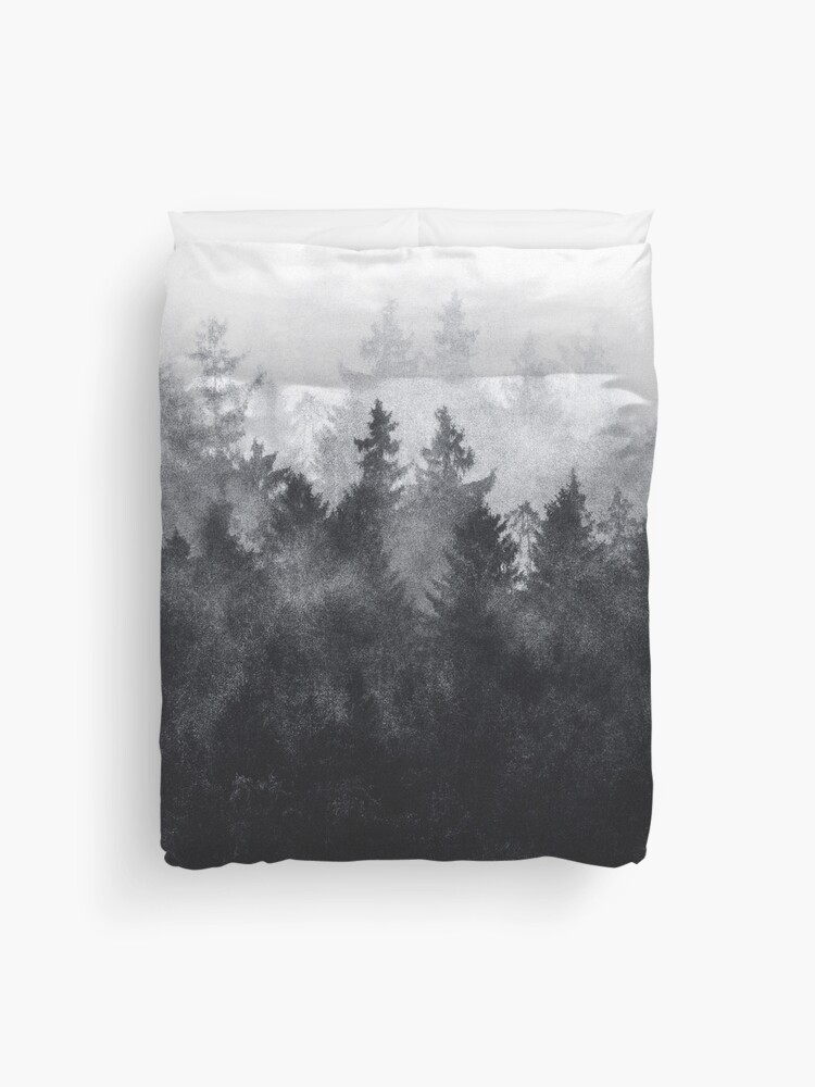 Thumbnail 1 of 2, Duvet Cover, The Heart Of My Heart // Midwinter Blues Gothic Ravencore Forest With Cascadia Trees Covered In Magic Fog designed and sold by tekay.