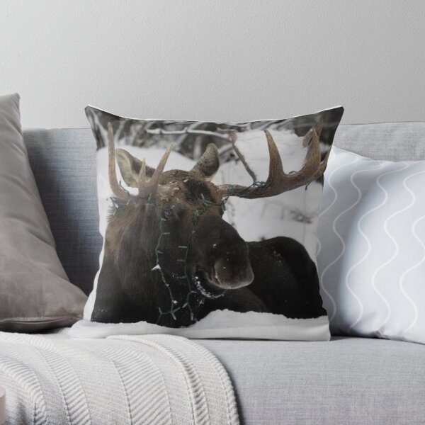 Bull Moose with Christmas Lights Tangled Throw Pillow