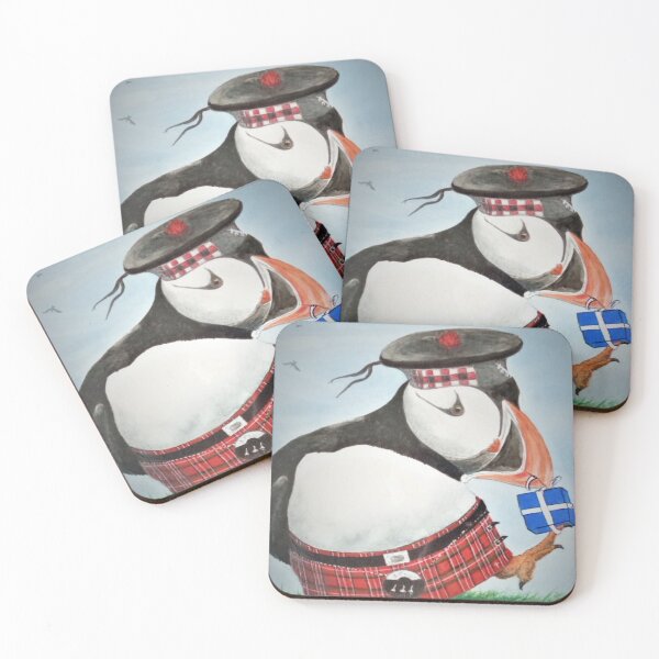 Item preview, puffin in a kilt opening Christmas presents designed and sold by Malc Sutherland.