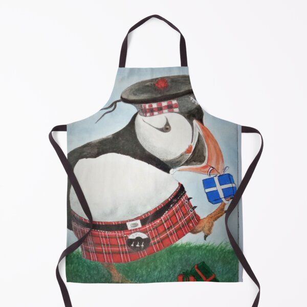 Item preview, puffin in a kilt opening Christmas presents designed and sold by Malc Sutherland.
