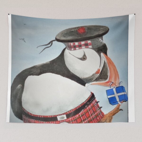 Item preview, puffin in a kilt opening Christmas presents designed and sold by Malc Sutherland.
