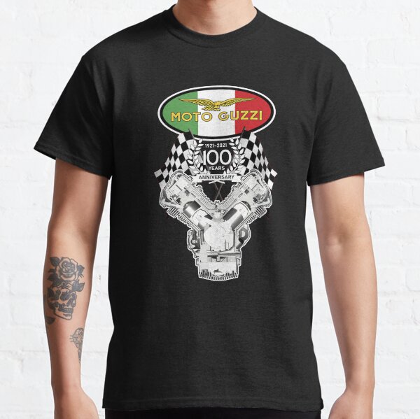 Logo du drapeau italien du 100e anniversaire de Moto Guzzi et drapeaux à carreaux T-shirt classique