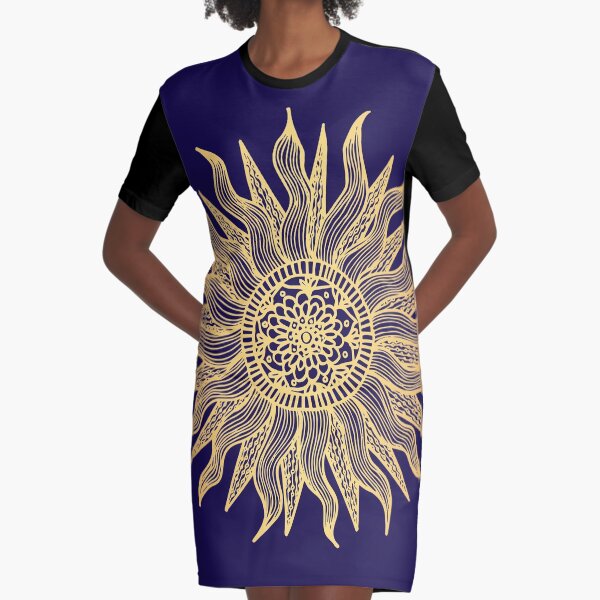 Blue and Gold Sun Mandala Graphic T-Shirt Dress