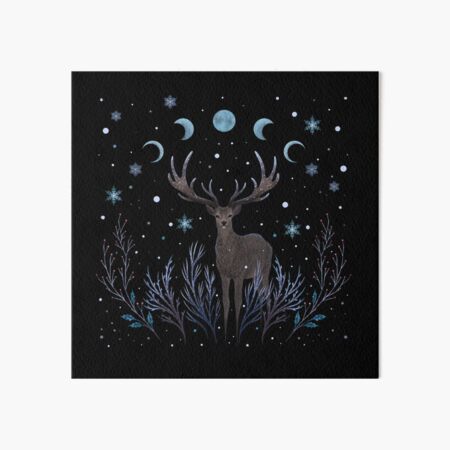 Deer in Winter Night Forest Art Board Print