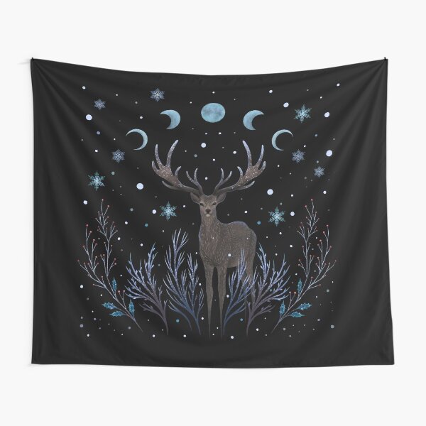 Deer in Winter Night Forest Tapestry