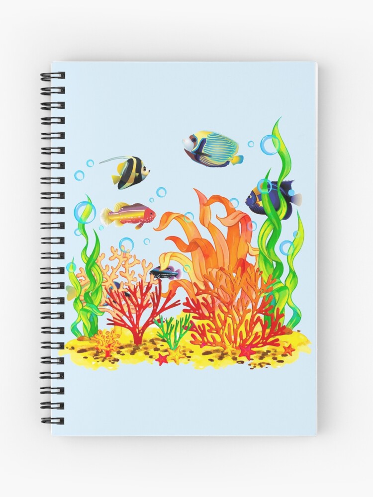 undersea reef sea life with fish and water plants algae cartoon landscape  Watercolor Spiral Notebook for Sale by mashmosh