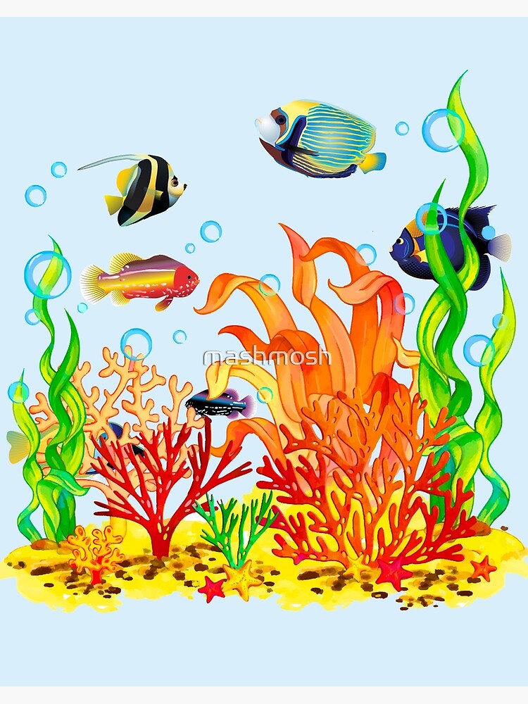 Lámina rígida «arrecife submarino vida marina con peces y plantas acuáticas  algas dibujos animados paisaje Acuarela» de mashmosh | Redbubble