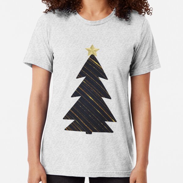 Black Christmas Tree with Glitter Gold Star Tri-blend T-Shirt