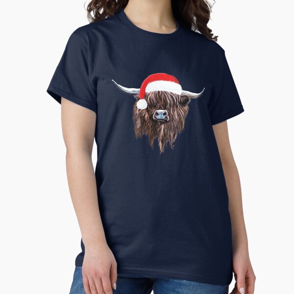Vista previa del artículo con la obra «Highland vaca vaca navidad santa sombrero», diseñado y vendido por brodyquixote.