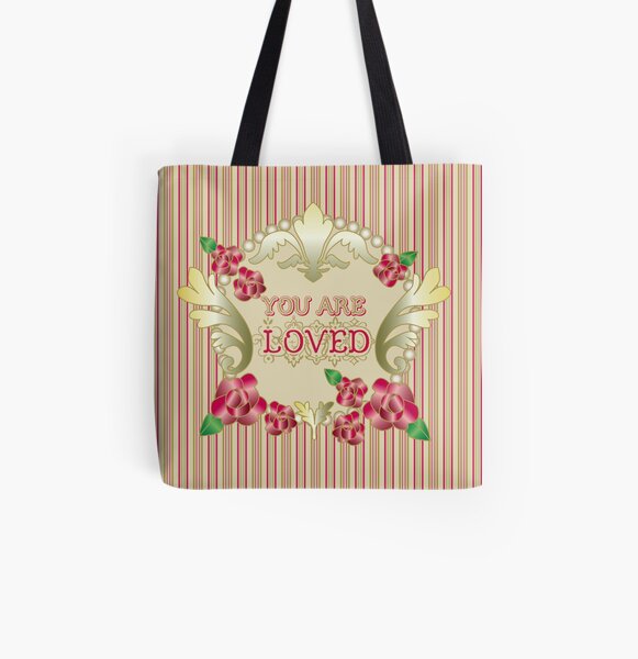 You Are Loved Red Roses Gold Ornaments Pearls Stripes All Over Print Tote Bag