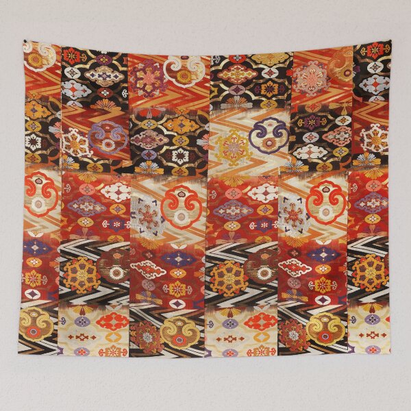 Item preview, ANTIQUE JAPANESE GEOMETRIC FLORAL PATCHWORK  WITH CLOUD SHAPED GONGS AND FLOWERS designed and sold by BulganLumini.