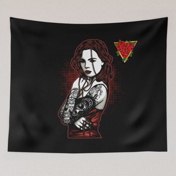 Item preview, Three Red Rose Golden Triangle Blood Red Gothic Tattoo Girl designed and sold by darknessjeff86.
