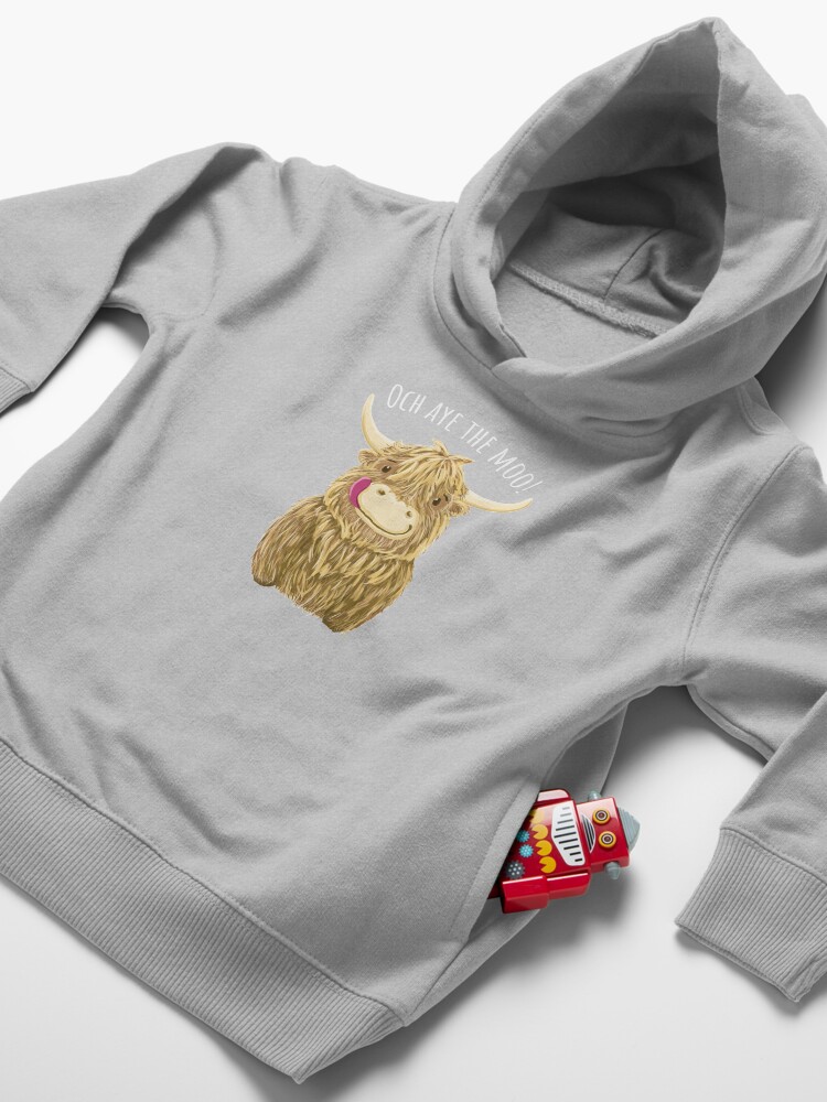 Alternate view of Cute Cartoon Scottish Highland Cow "Och Aye The Moo!" Toddler Pullover Hoodie