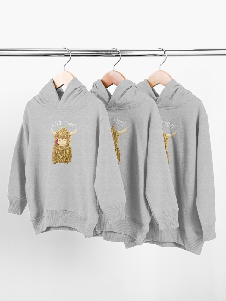 Alternate view of Cute Cartoon Scottish Highland Cow "Och Aye The Moo!" Toddler Pullover Hoodie