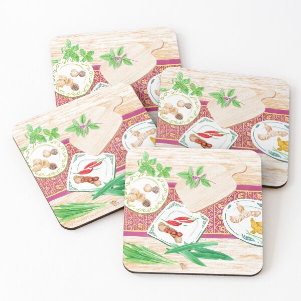 Item preview, Watercolor Illustration of spices on plates placed on a wooden table designed and sold by iswenyi.