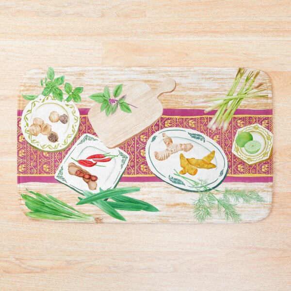 Item preview, Watercolor Illustration of spices on plates placed on a wooden table designed and sold by iswenyi.