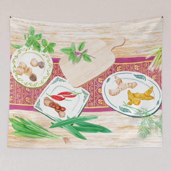 Item preview, Watercolor Illustration of spices on plates placed on a wooden table designed and sold by iswenyi.