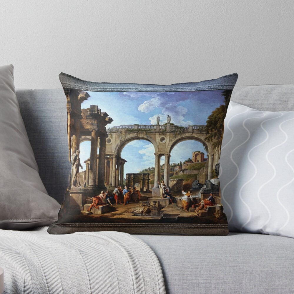 A Capriccio Of Roman Ruins and the Arch of Constantine by Giovanni Paolo Pannini Fine Art Old Masters Reproduction Throw Pillow