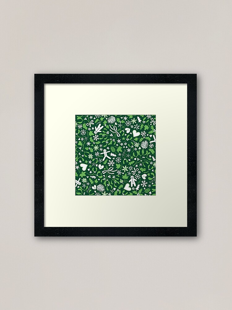 Alternate view of Mistletoe and Gingerbread Ditsy - Green and White - Christmas pattern by Cecca Designs Framed Art Print