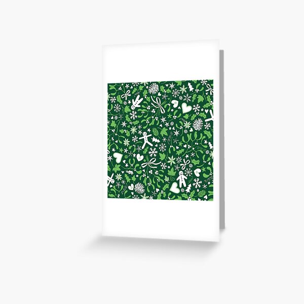 Mistletoe and Gingerbread Ditsy - Green and White - Christmas pattern by Cecca Designs Greeting Card