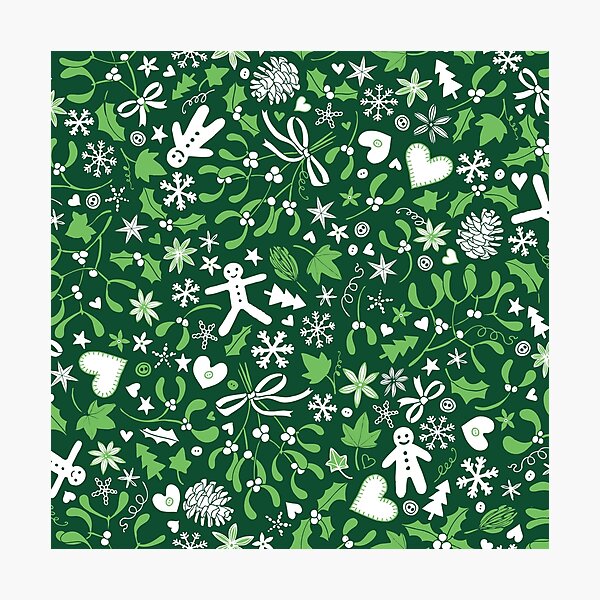Mistletoe and Gingerbread Ditsy - Green and White - Christmas pattern by Cecca Designs Photographic Print