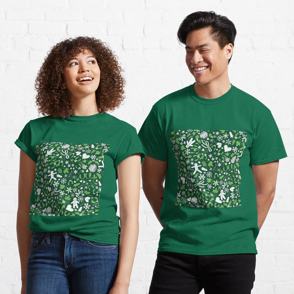 Mistletoe and Gingerbread Ditsy - Green and White - Christmas pattern by Cecca Designs Classic T-Shirt