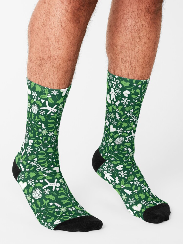 Alternate view of Mistletoe and Gingerbread Ditsy - Green and White - Christmas pattern by Cecca Designs Socks