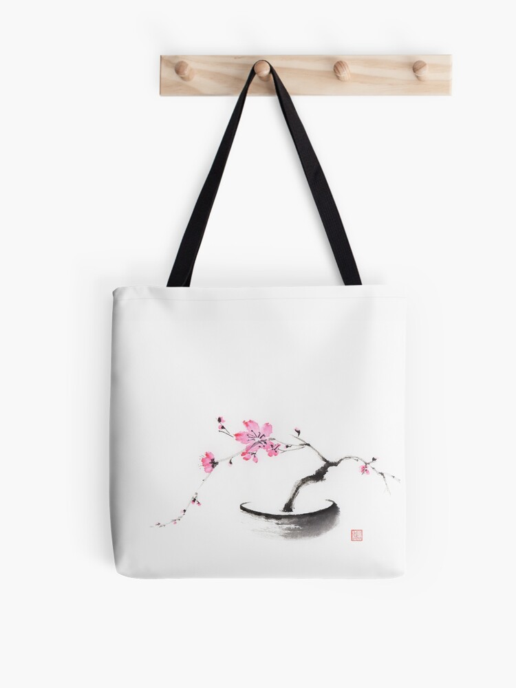 Oriental style painting of a pretty bonsai sakura tree with pink flowers in  a pot art print | Tote Bag