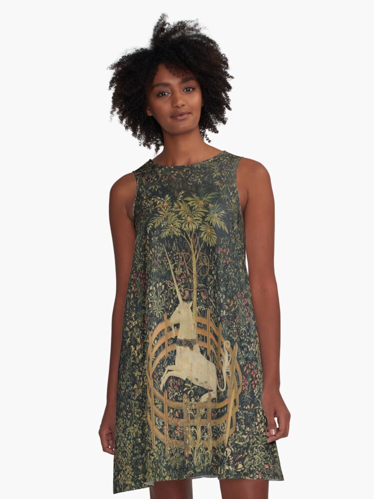 Medieval Unicorn Floral Tapestry A-Line Dress for Sale by