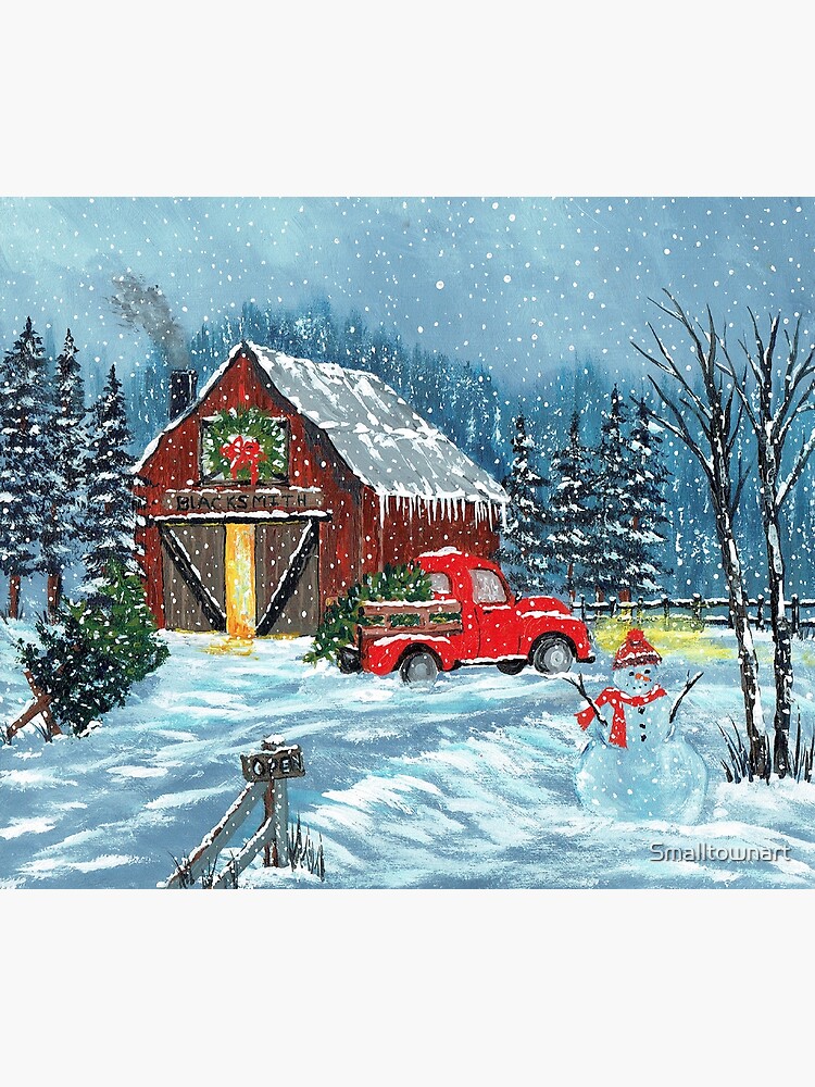 Red Truck Winter Christmas Tree Red Barn Scene Redbubble