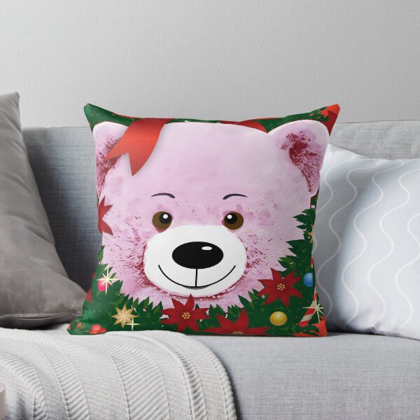 Cute pink teddy bear peeking out of a Christmas wreath with red bow Throw Pillow