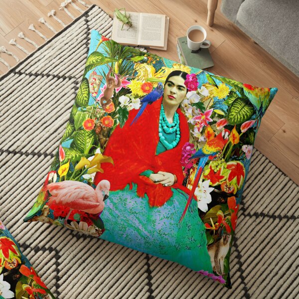 Frida Kahlo avec des animaux mexicains, des plantes, des oiseaux Coussin de sol