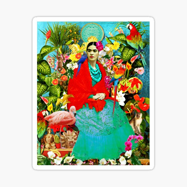 Frida Kahlo with Mexican Animals, Plants, Birds Sticker
