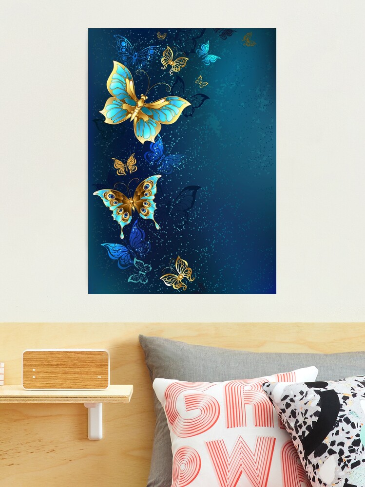 Gold Butterflies On A Blue Background - Crella