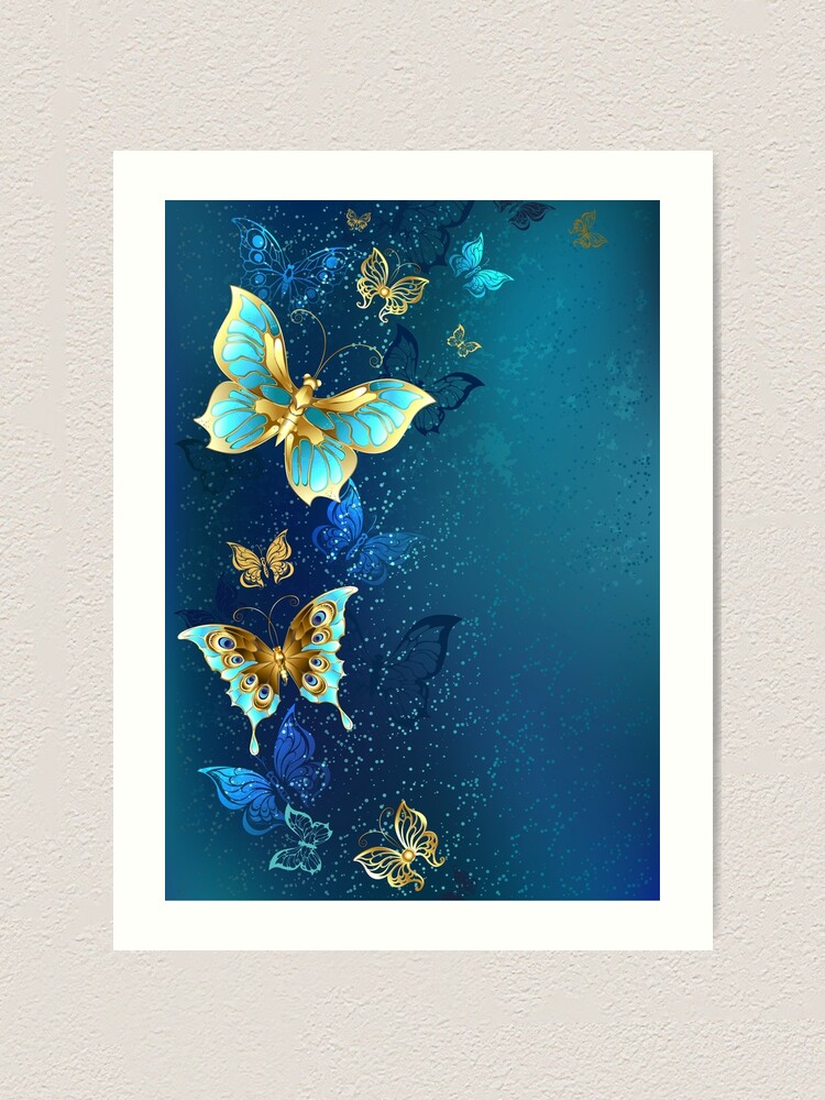 Golden Butterflies on Blue Background Art Print for Sale by Blackmoon9