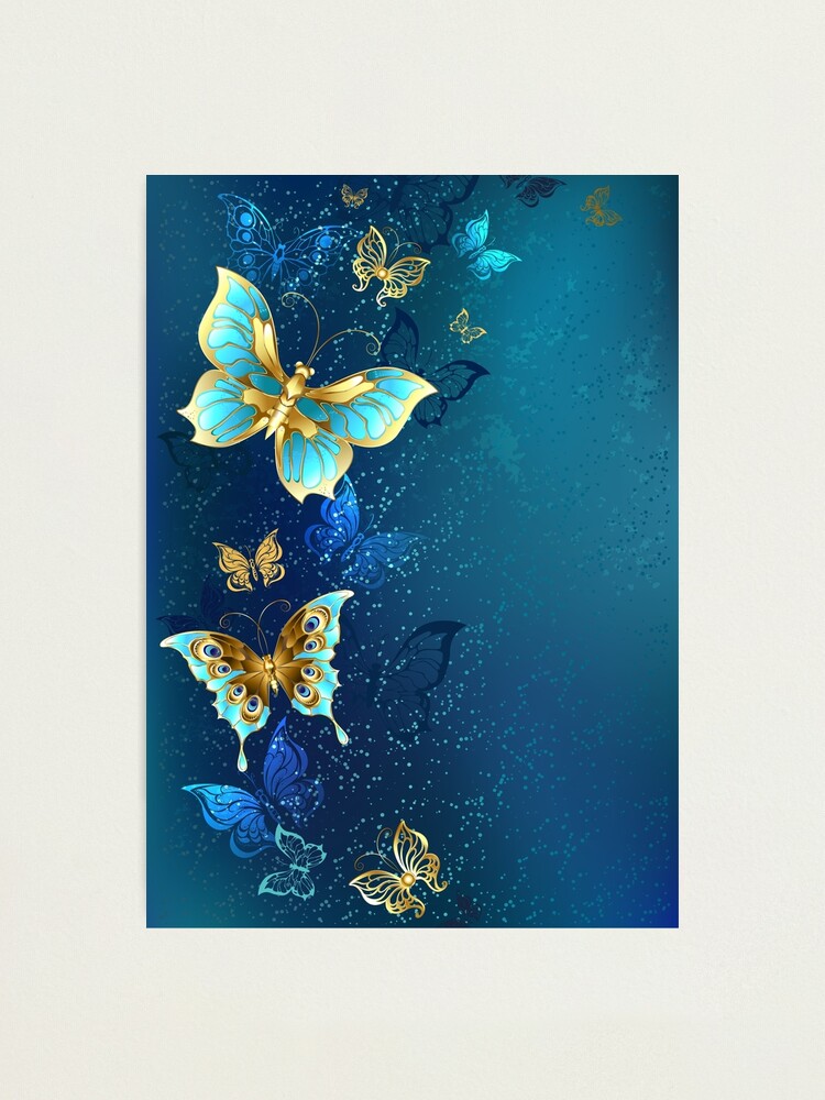 Golden Butterflies on Blue Background | Photographic Print