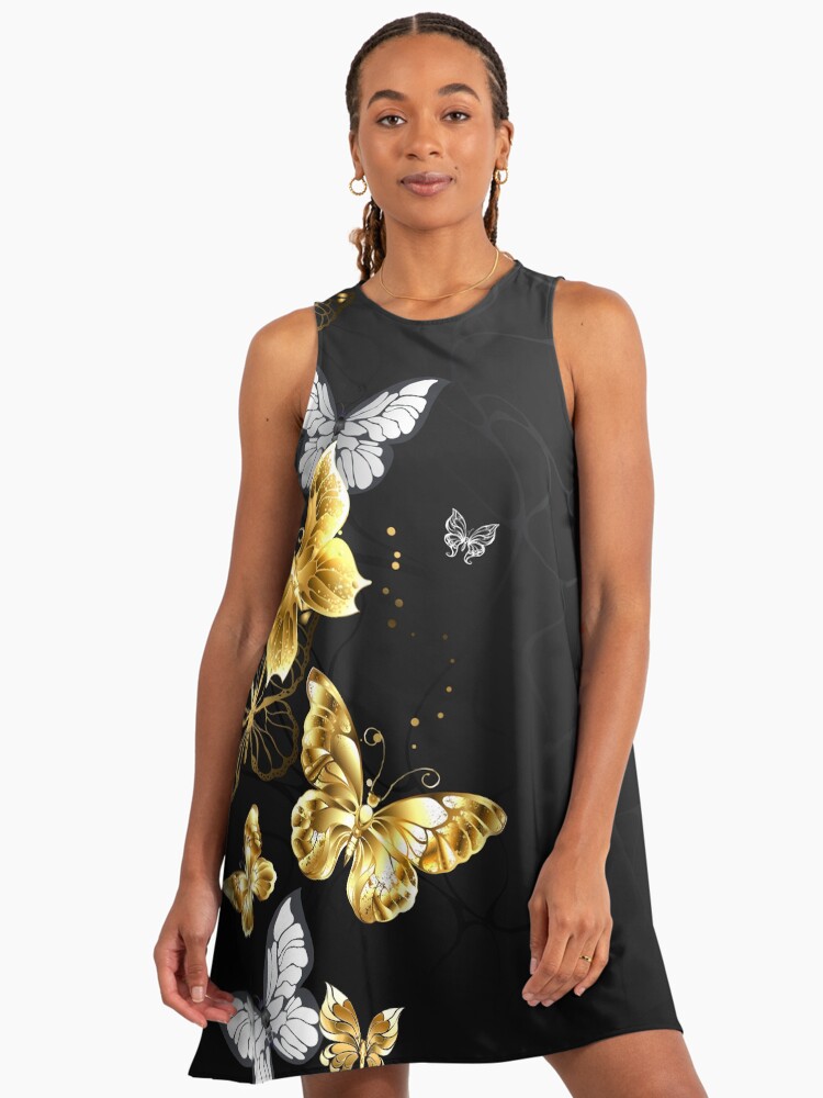 Gold and White Butterflies on black background" A-Line Dress for Sale by  Blackmoon9 | Redbubble