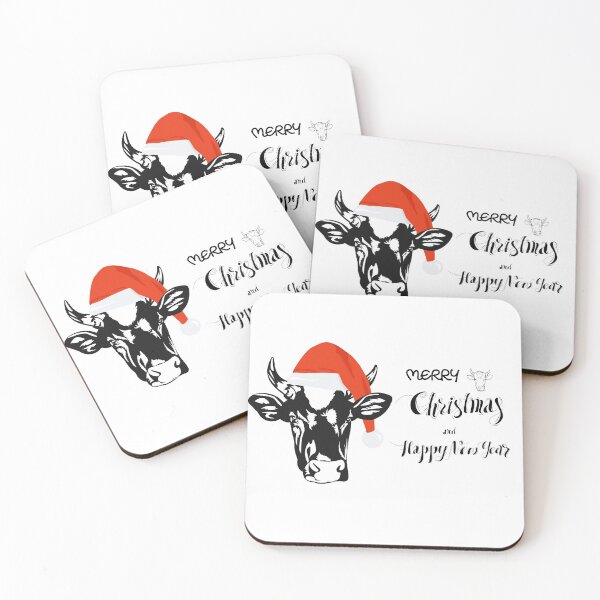 Item preview, Black cow wear Santa hat with Merry Christmas and Happy New Year handwritten. designed and sold by hadkhanong.