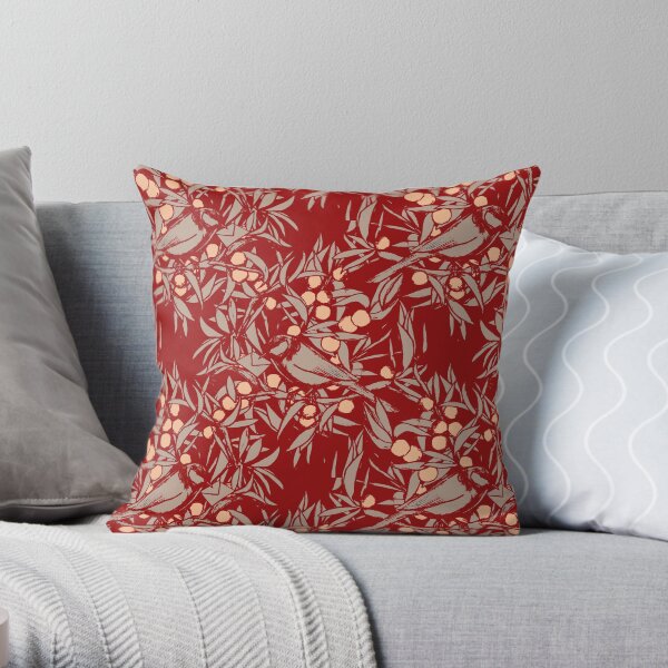 A tit on a branch, lacquer red. Throw Pillow
