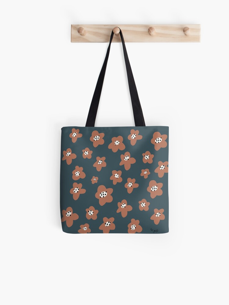 Thumbnail 1 of 2, Tote Bag, Pink Daisies on blue. Floral digital pattern original work designed and sold by Florcitasart.