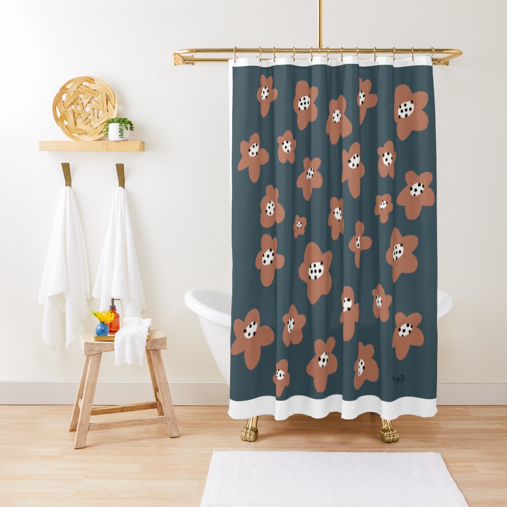 Pink Daisies on blue. Floral digital pattern original work Shower Curtain