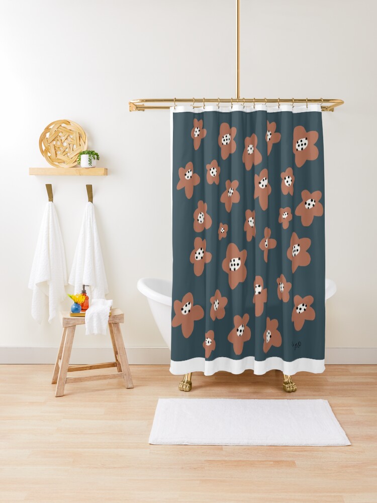 Thumbnail 1 of 5, Shower Curtain, Pink Daisies on blue. Floral digital pattern original work designed and sold by Florcitasart.