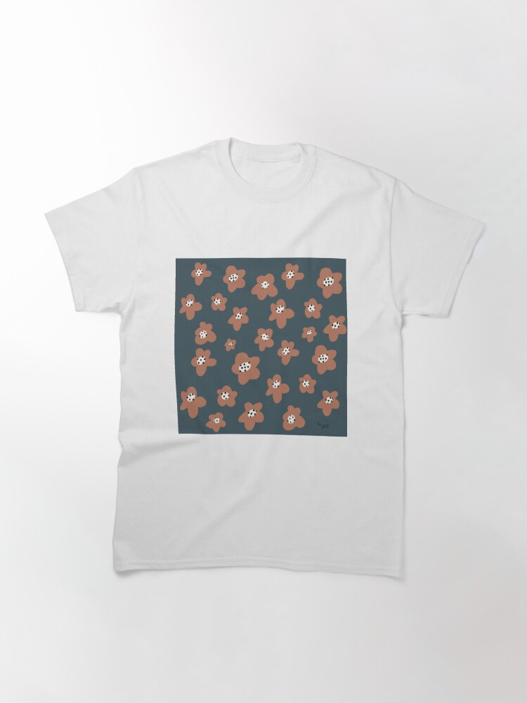 Thumbnail 3 of 7, Classic T-Shirt, Pink Daisies on blue. Floral digital pattern original work designed and sold by Florcitasart.