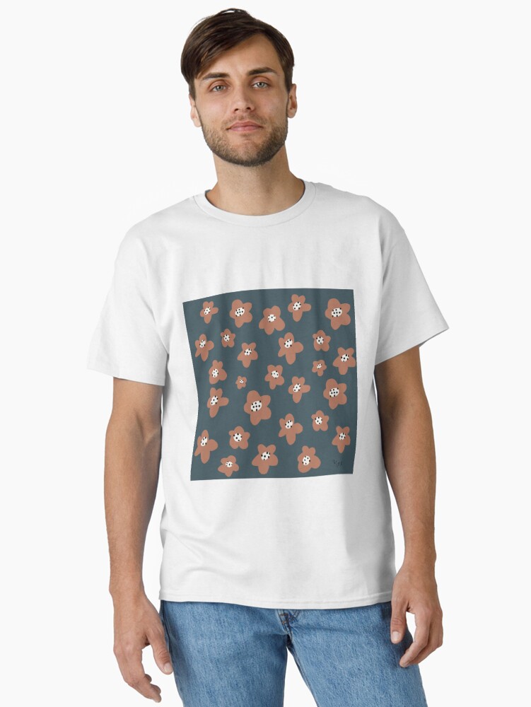 Thumbnail 1 of 7, Classic T-Shirt, Pink Daisies on blue. Floral digital pattern original work designed and sold by Florcitasart.