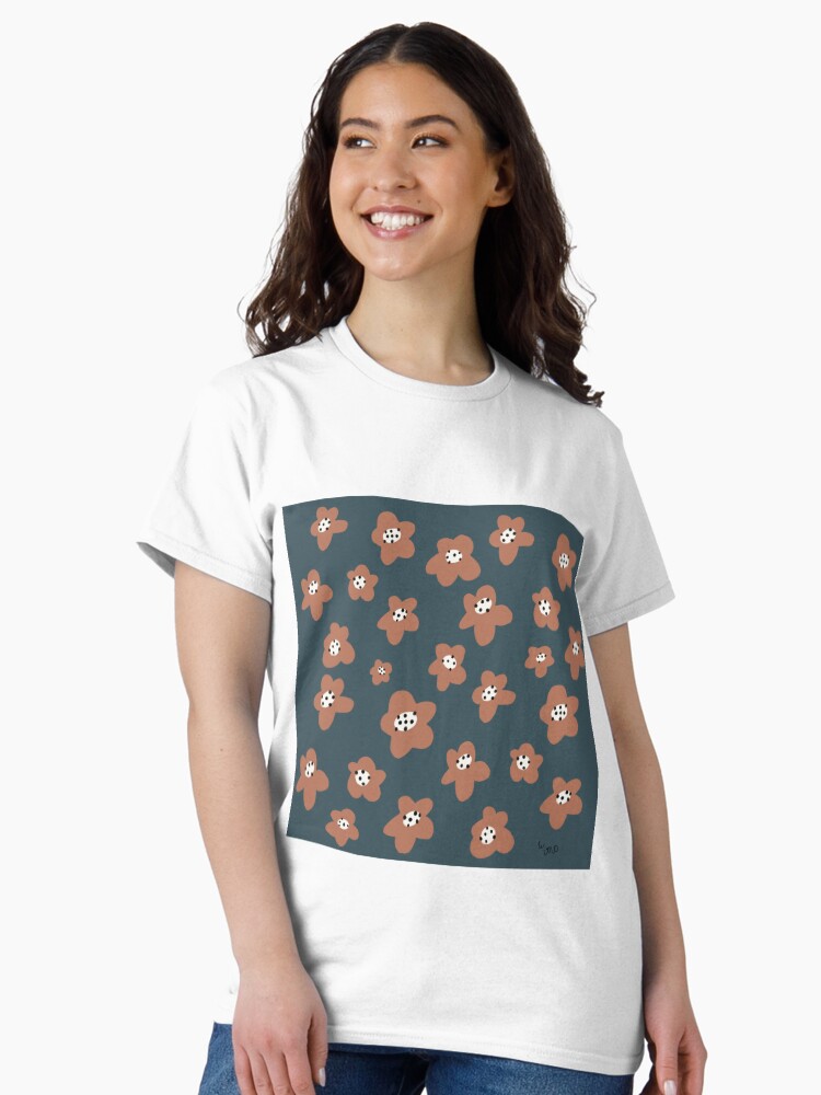 Thumbnail 2 of 7, Classic T-Shirt, Pink Daisies on blue. Floral digital pattern original work designed and sold by Florcitasart.